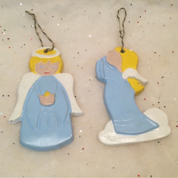 Vintage Ceramic Christmas Ornaments 2 Angels Hand Painted Sweet Blue Eyes Blonde - Picture 3 of 4